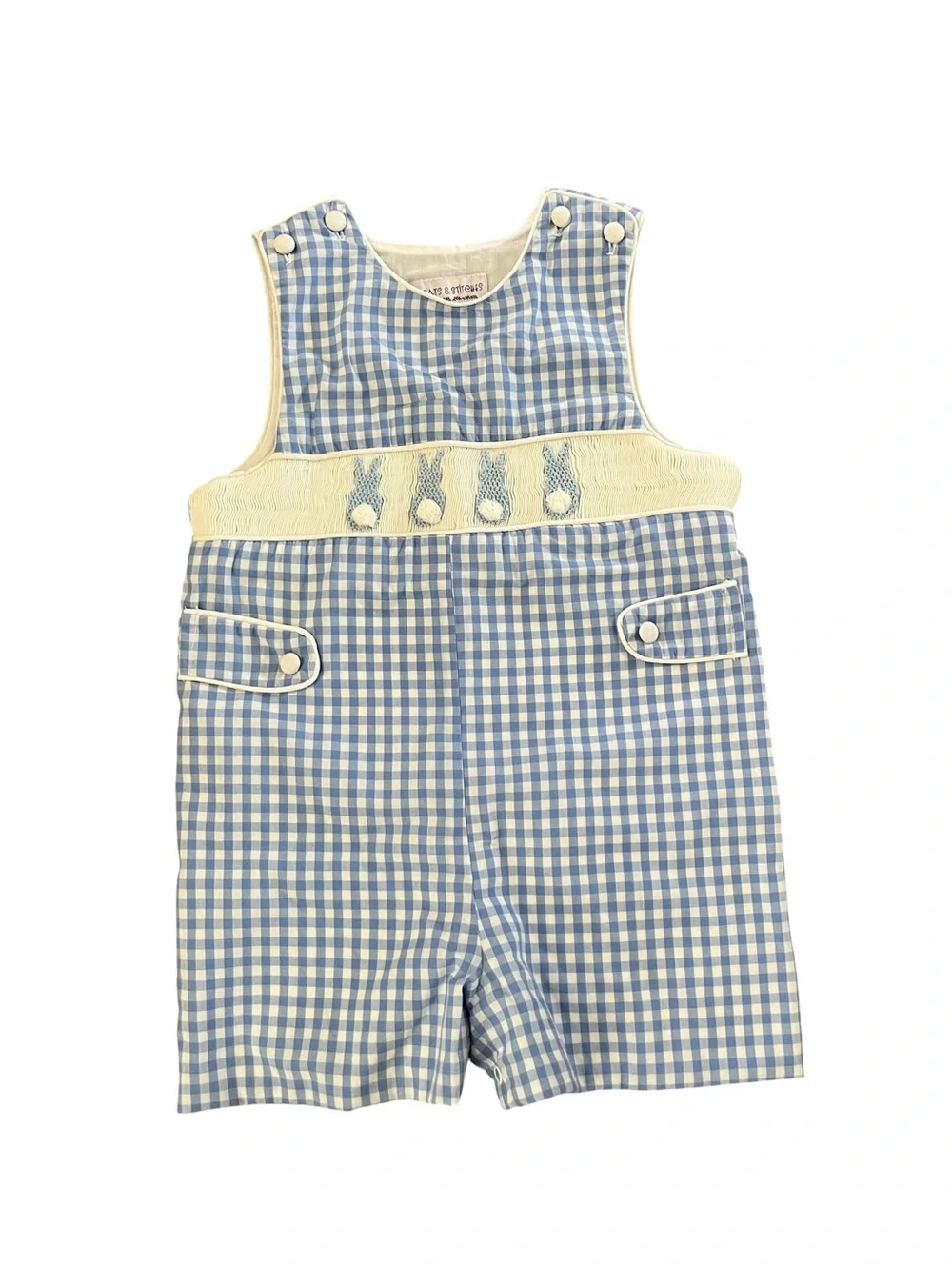 Pleats & Stitches Boys Smocked Bunny Romper Blue Gingham 2T